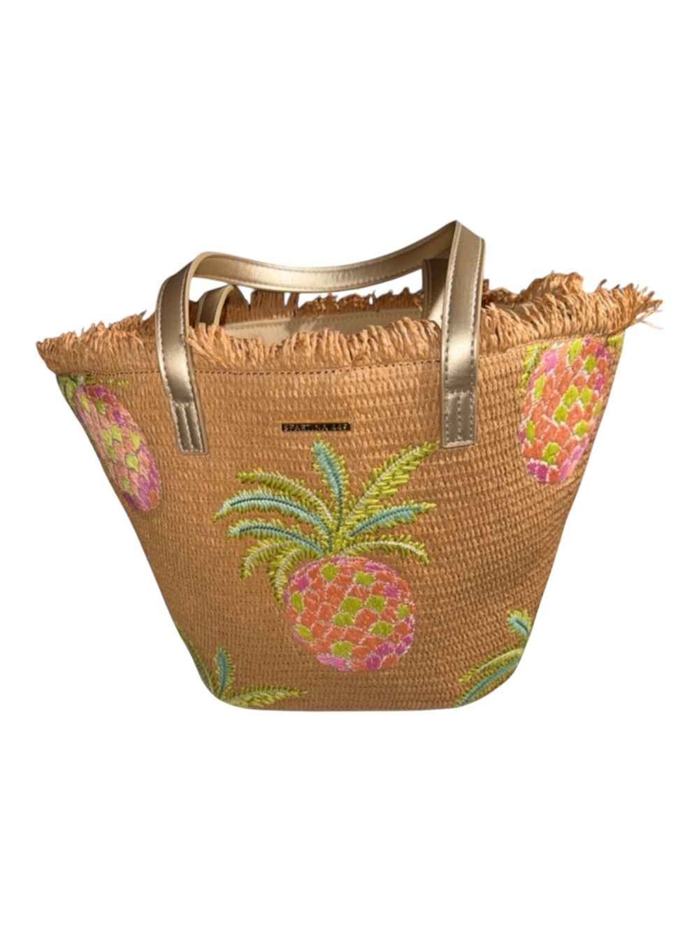 💚🍍NWOT Spartina 449 Straw Tote Flamingo Pineapple Bag with Gold Handles